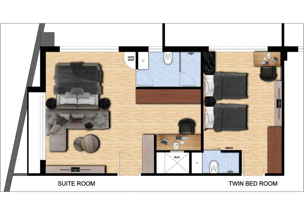 Suite & twin room render - Infinity Hotel
